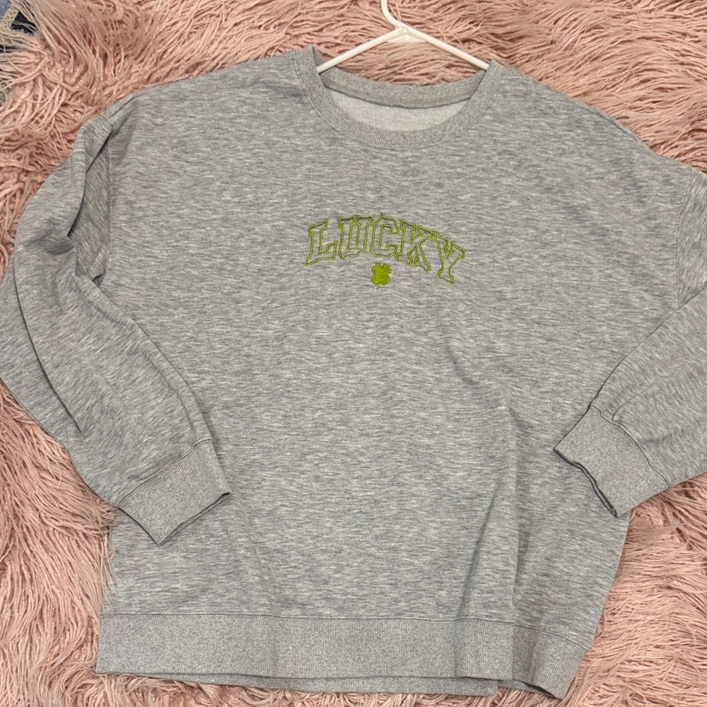 St. Patrick’s Day Lucky Embroidered Heather Gray Sweatshirt with Olive Logo